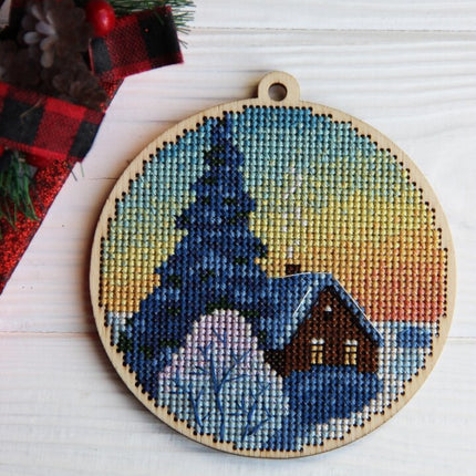 DIY cross stitch kit on wood "Quiet Evening", Christmas tree toy