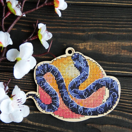 DIY cross stitch kit on wood "Snake", Christmas tree toy