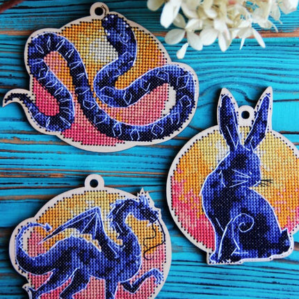 DIY cross stitch kit on wood "Snake", Christmas tree toy