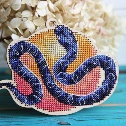 DIY cross stitch kit on wood "Snake", Christmas tree toy