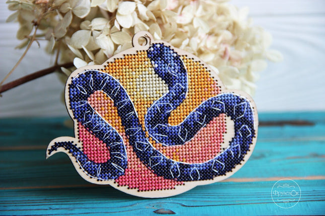 DIY cross stitch kit on wood "Snake", Christmas tree toy