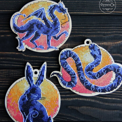 DIY cross stitch kit on wood "Snake", Christmas tree toy