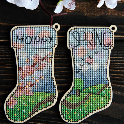 DIY cross stitch kit on wood "Awake", Christmas tree toy