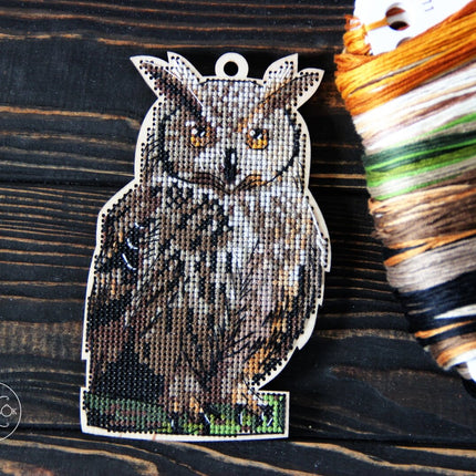 DIY cross stitch kit on wood "Owl", Christmas tree toy