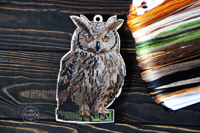 DIY cross stitch kit on wood "Owl", Christmas tree toy