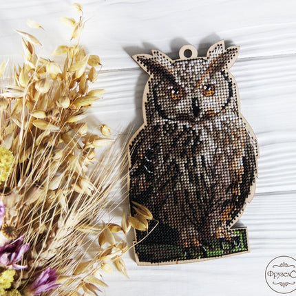 DIY cross stitch kit on wood "Owl", Christmas tree toy