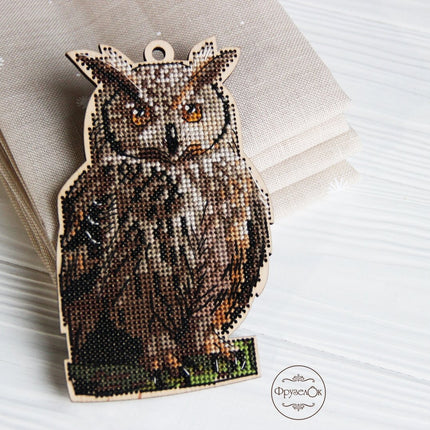 DIY cross stitch kit on wood "Owl", Christmas tree toy
