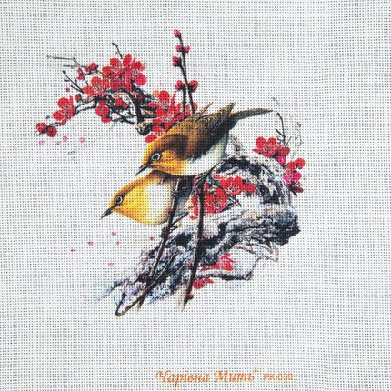 DIY Cross stitch kit with a printed canvas "Spring birds"