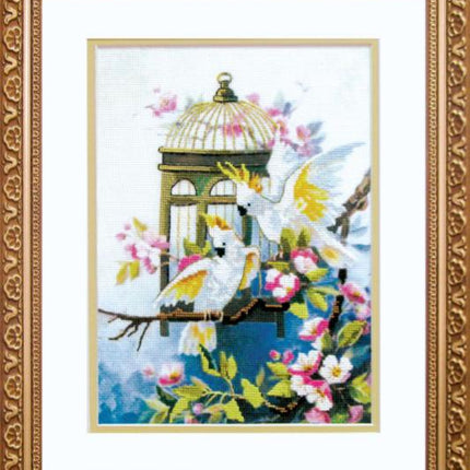 DIY Cross stitch kit with a printed canvas "Freedom for parrot"