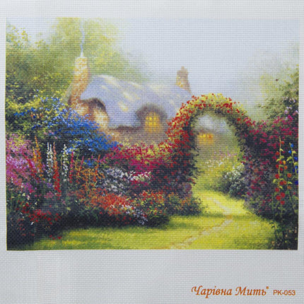 DIY Cross stitch kit with a printed canvas "Summer house"