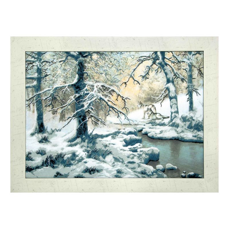 DIY Cross stitch kit with a printed canvas "Wolves at the winter brook"