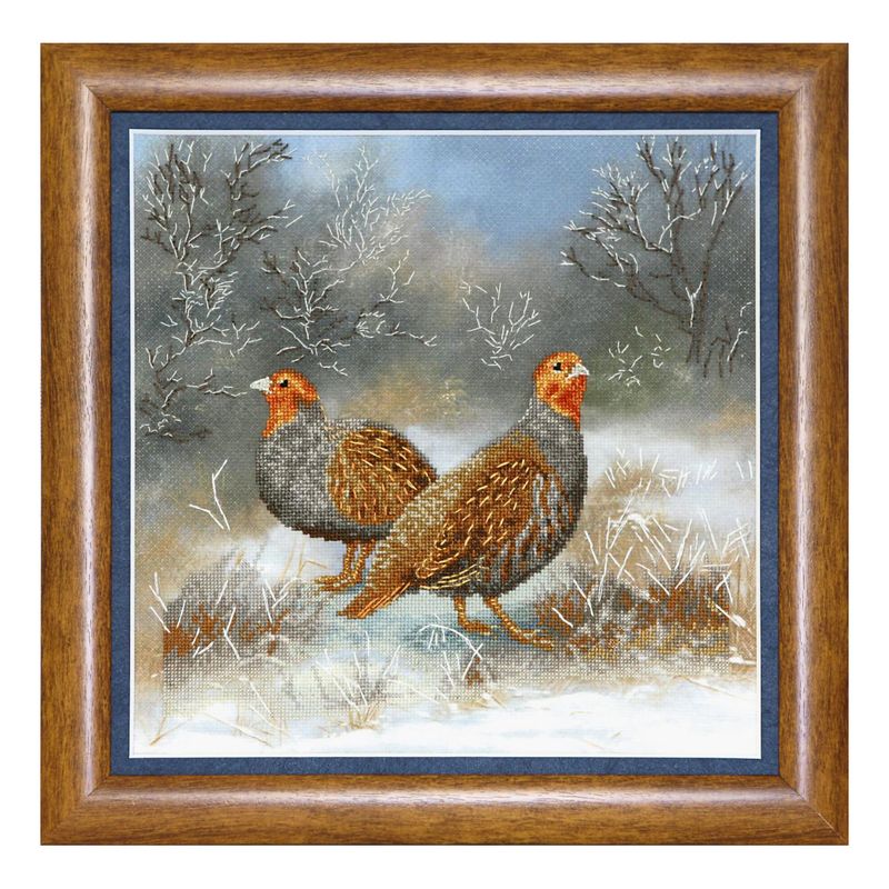 DIY Cross stitch kit with a printed canvas "Partridges at winter meadow"