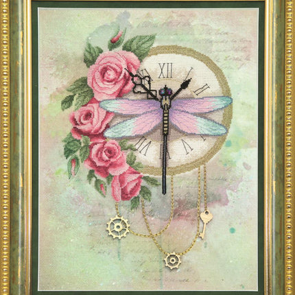 DIY Cross stitch kit with a printed canvas "Clock and roses"