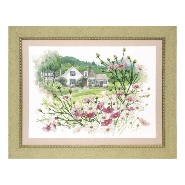 DIY Cross stitch kit with a printed canvas "House with flowers"