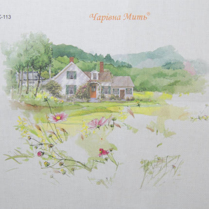 DIY Cross stitch kit with a printed canvas "House with flowers"