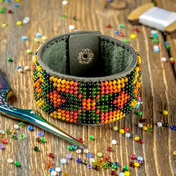 Bead embroidery kit on artificial leather Bracelet (3х17cm) FLBB-112 Khaki