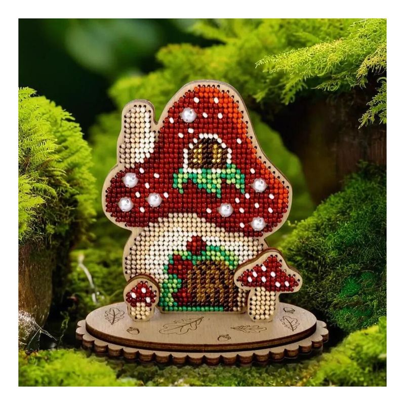 DIY Beaded embroidery on wood kit "Mushroom house"