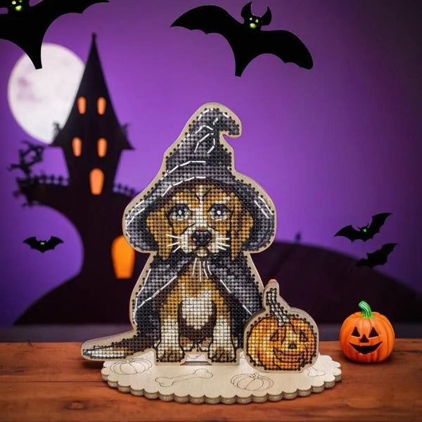 DIY Cross Stitch on Wood Kit "Halloween Dog"