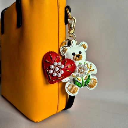 Bead Embroidery Charm Kit on Faux Leather – «Bag Charm White Teddy Bear»