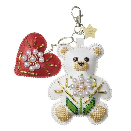 Bead Embroidery Charm Kit on Faux Leather – «Bag Charm White Teddy Bear»