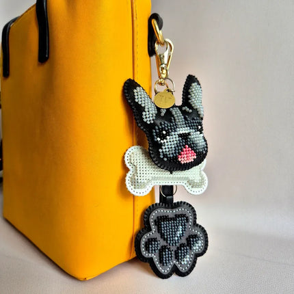 Bead Embroidery Charm Kit on Faux Leather – «Bag Charm Black Bulldog»