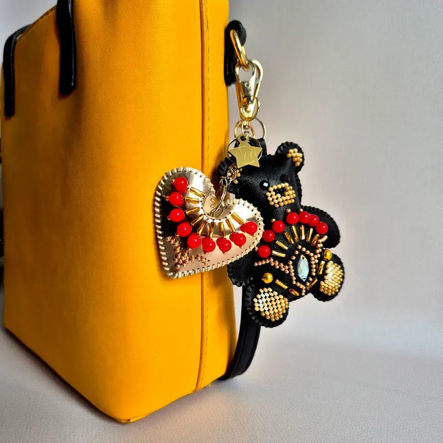 Bead Embroidery Charm Kit on Faux Leather – «Bag Charm Black Teddy Bear»