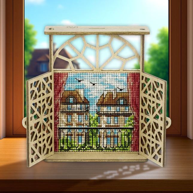 Wooden Window Embroidery Kit with Shutters «Balcony in Paris»