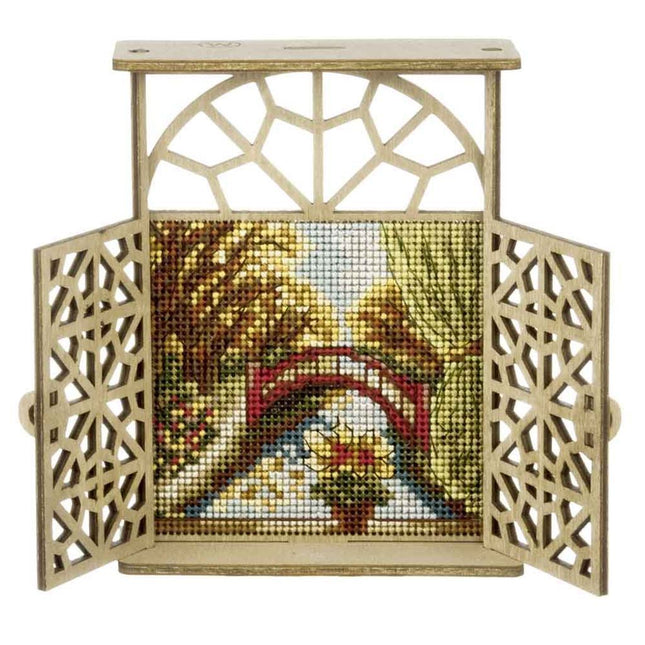 Wooden Window Embroidery Kit with Shutters «Bridge Through Autumn»