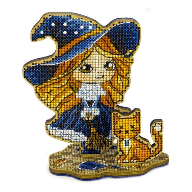 DIY Cross Stitch on Wood Kit "Little Witch In Blue"