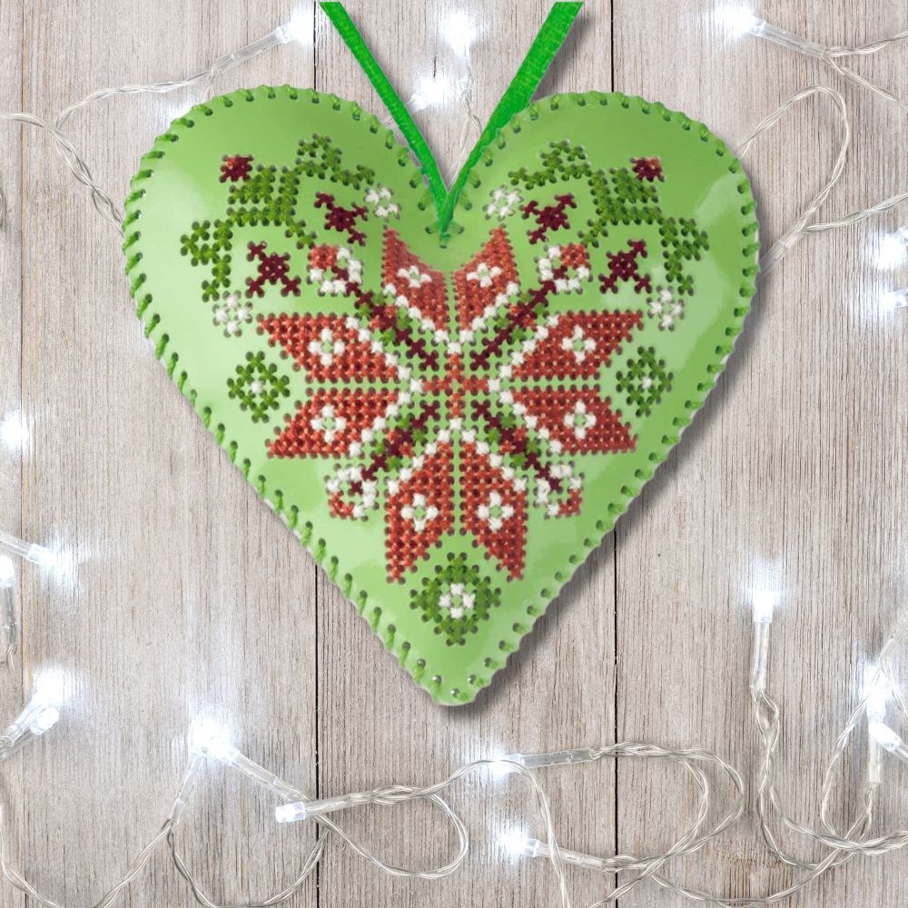 Cross Stitch Kit “Heart Christmas Ornament” DIY Christmas Ornament on Faux Leather
