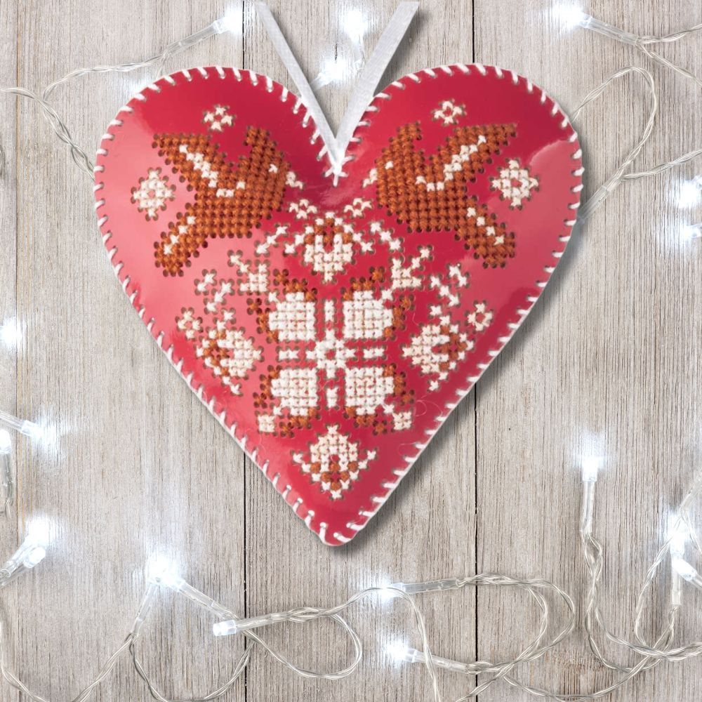 Cross Stitch Kit “Heart Christmas Ornament” DIY Christmas Ornament on Faux Leather