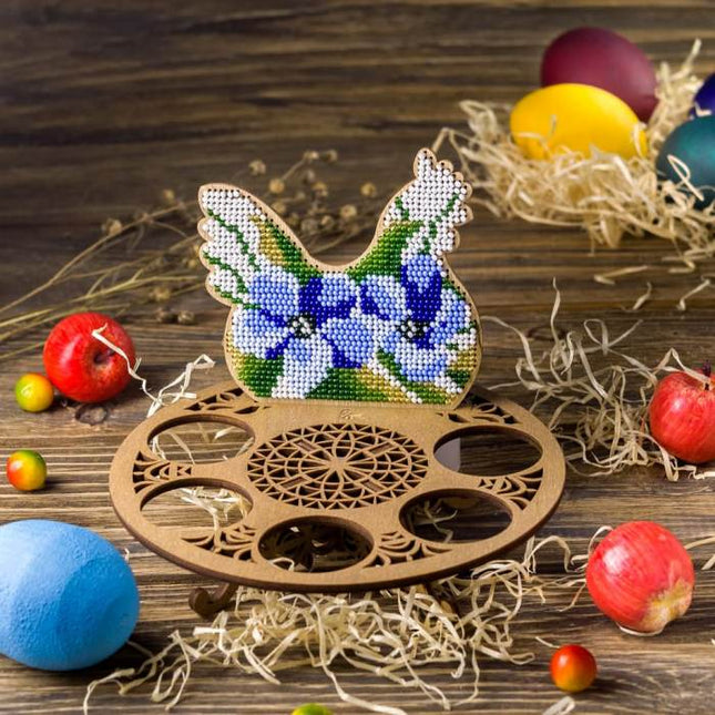DIY Bead Embroidery Kit on Wood "Chicken with blue flowers"