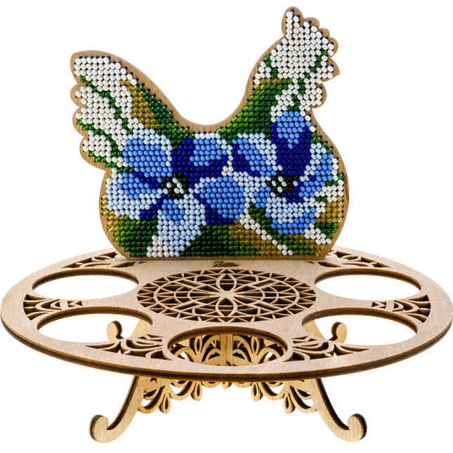 DIY Bead Embroidery Kit on Wood "Chicken with blue flowers"