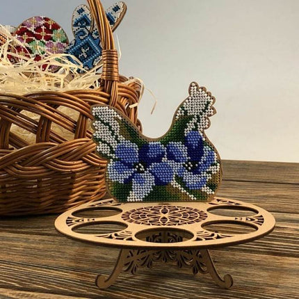 DIY Bead Embroidery Kit on Wood "Chicken with blue flowers"