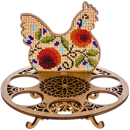 DIY Bead Embroidery Kit on Wood "Chicken with red flowers"
