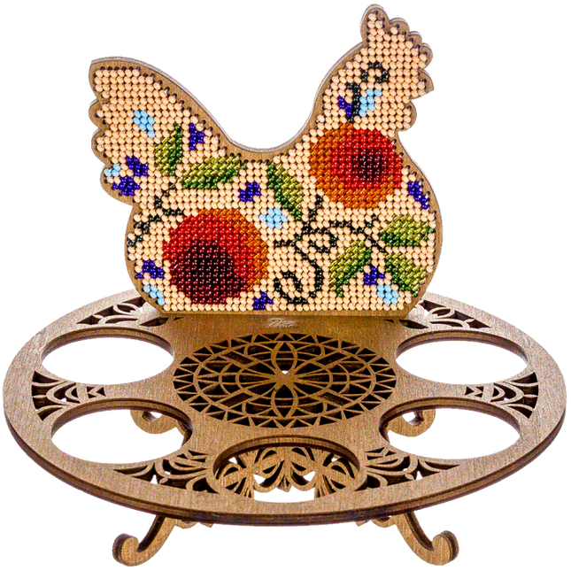 DIY Bead Embroidery Kit on Wood "Chicken with red flowers"