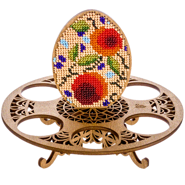 DIY Bead Embroidery Kit on Wood "Egg with red flowers"