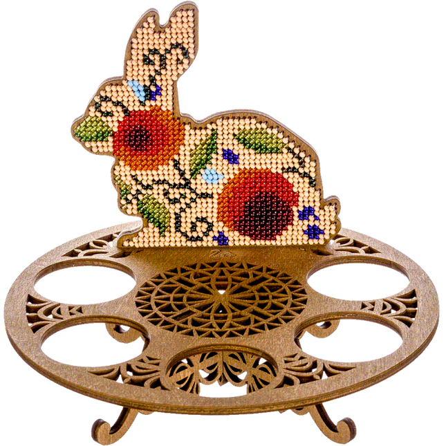 DIY Bead Embroidery Kit on Wood "Rabbit with red flowers"