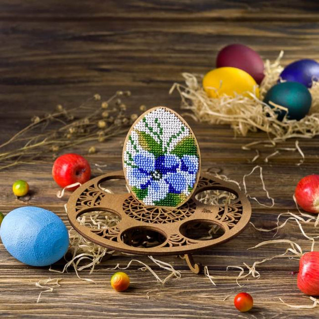 DIY Bead Embroidery Kit on Wood "Egg with blue flowers"