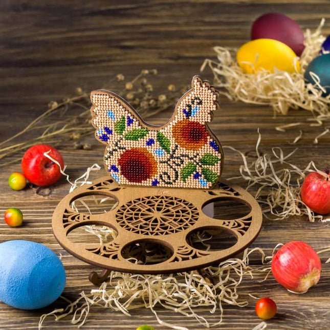 DIY Bead Embroidery Kit on Wood "Chicken with red flowers"