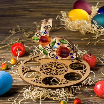 DIY Bead Embroidery Kit on Wood "Rabbit with red flowers"