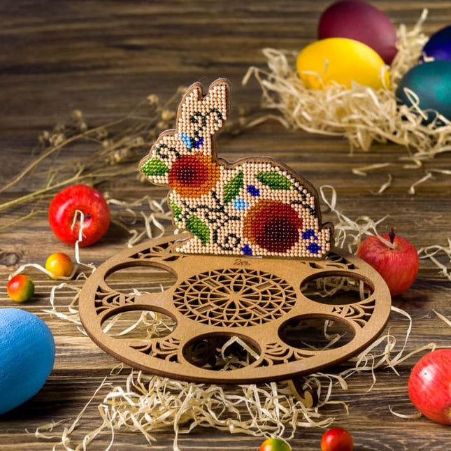 DIY Bead Embroidery Kit on Wood "Rabbit with red flowers"