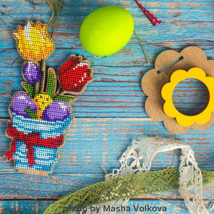 DIY Bead Embroidery Kit on Wood "Tulips with eggs"
