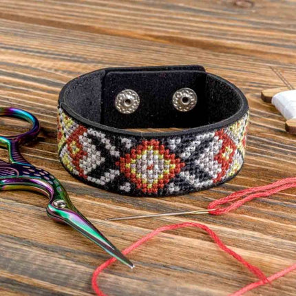 Cross-stitch kits on leather "Ethnic ornament" DIY Bracelet embroidery kit