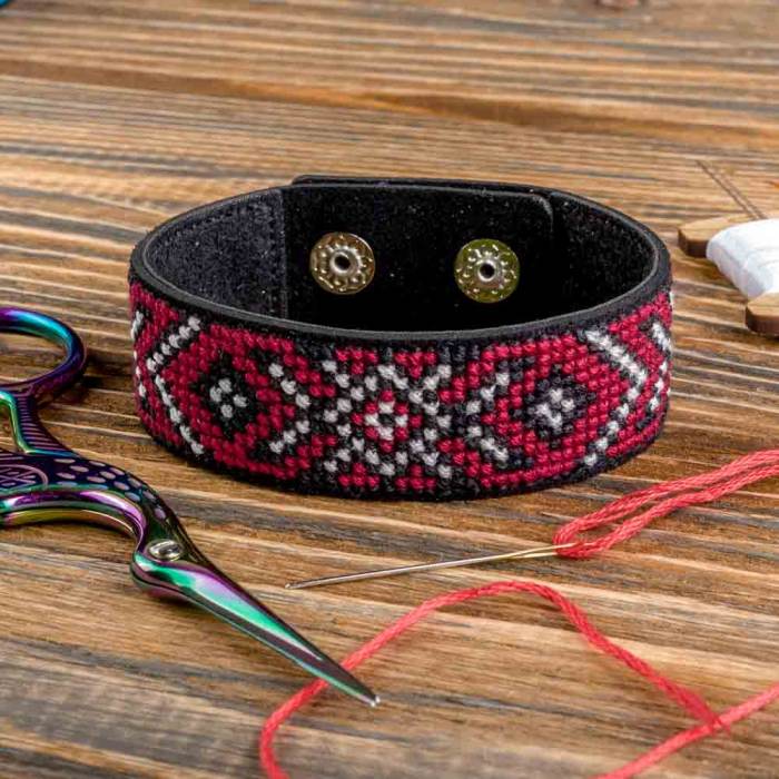 Cross-stitch kits on leather "Ethnic ornament" DIY Bracelet embroidery kit