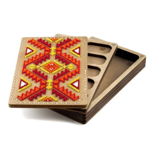 DIY Bead embroidery kit "Ornament" for creating bead organizer tray with a wooden lid.