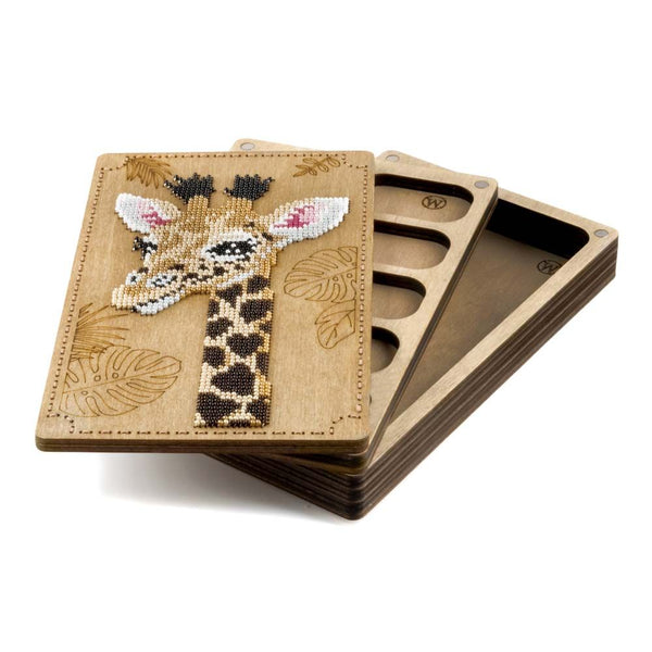 DIY Bead embroidery kit "Giraffe" for creating bead organizer tray with a wooden lid.