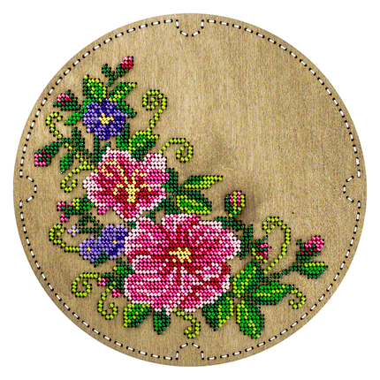 DIY Bead embroidery kit "Flowers" for creating bead organizer tray with a wooden lid.