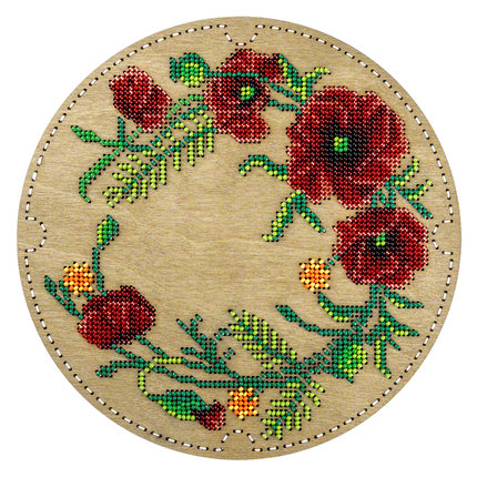 DIY Bead embroidery kit "Poppies" for creating bead organizer tray with a wooden lid.