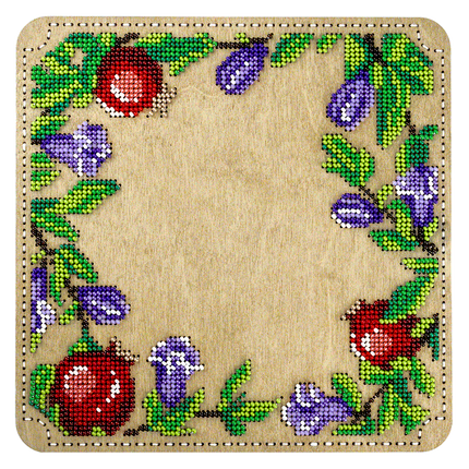 DIY Bead embroidery kit "Pomegranate" for creating bead organizer tray with a wooden lid.